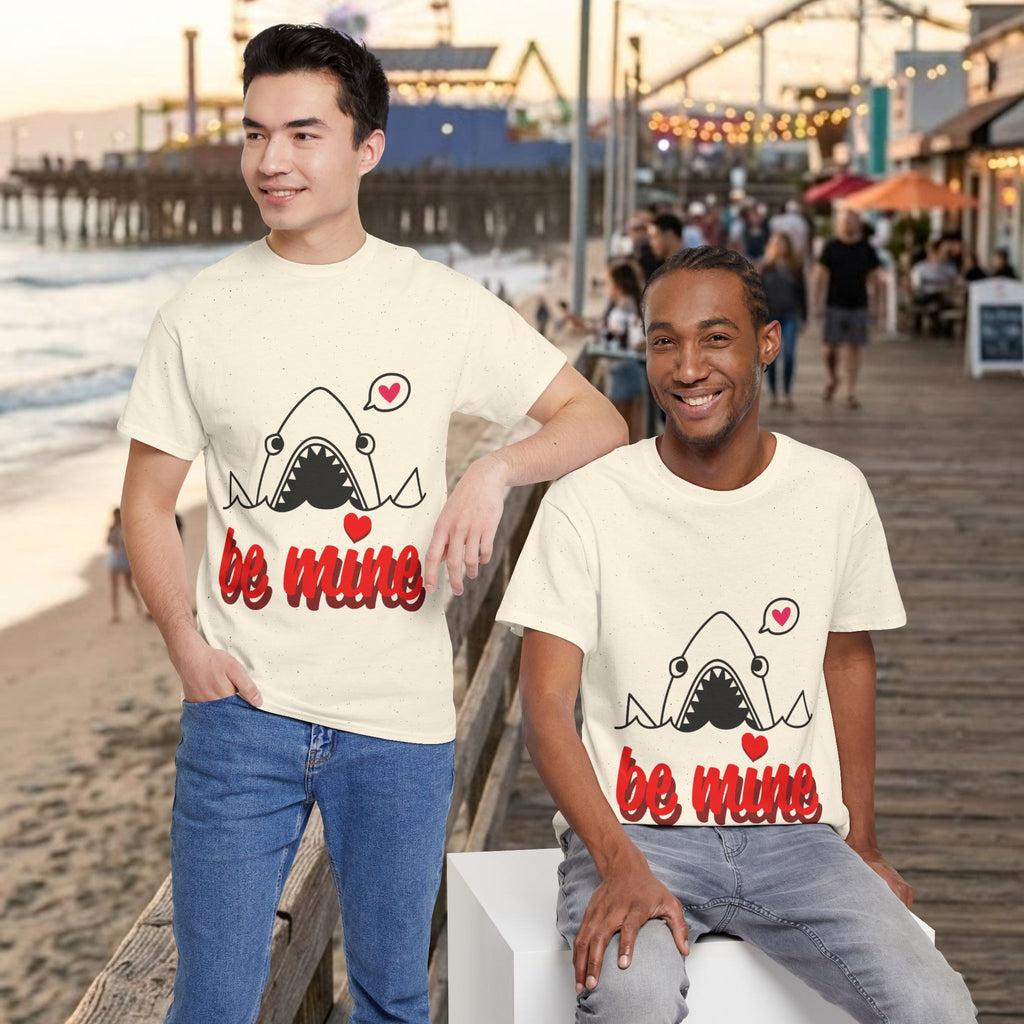 Cream crewneck t-shirt with shark illustration and red “be mine” text