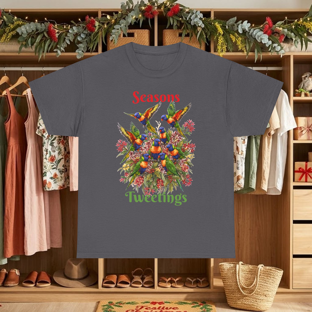 Dark gray T-shirt with colorful birds floral graphic and text "Seasons Tweettings"