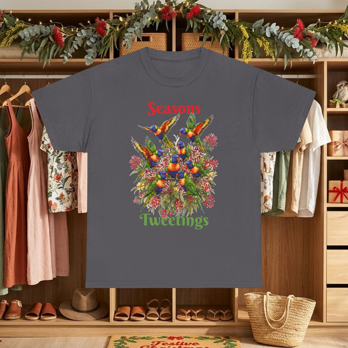 Dark gray T-shirt with colorful birds floral graphic and text "Seasons Tweettings"