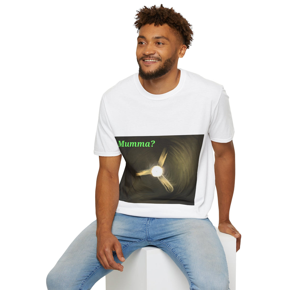 White crew-neck T-shirt with ceiling fan graphic and green 'Mumma?' text, worn