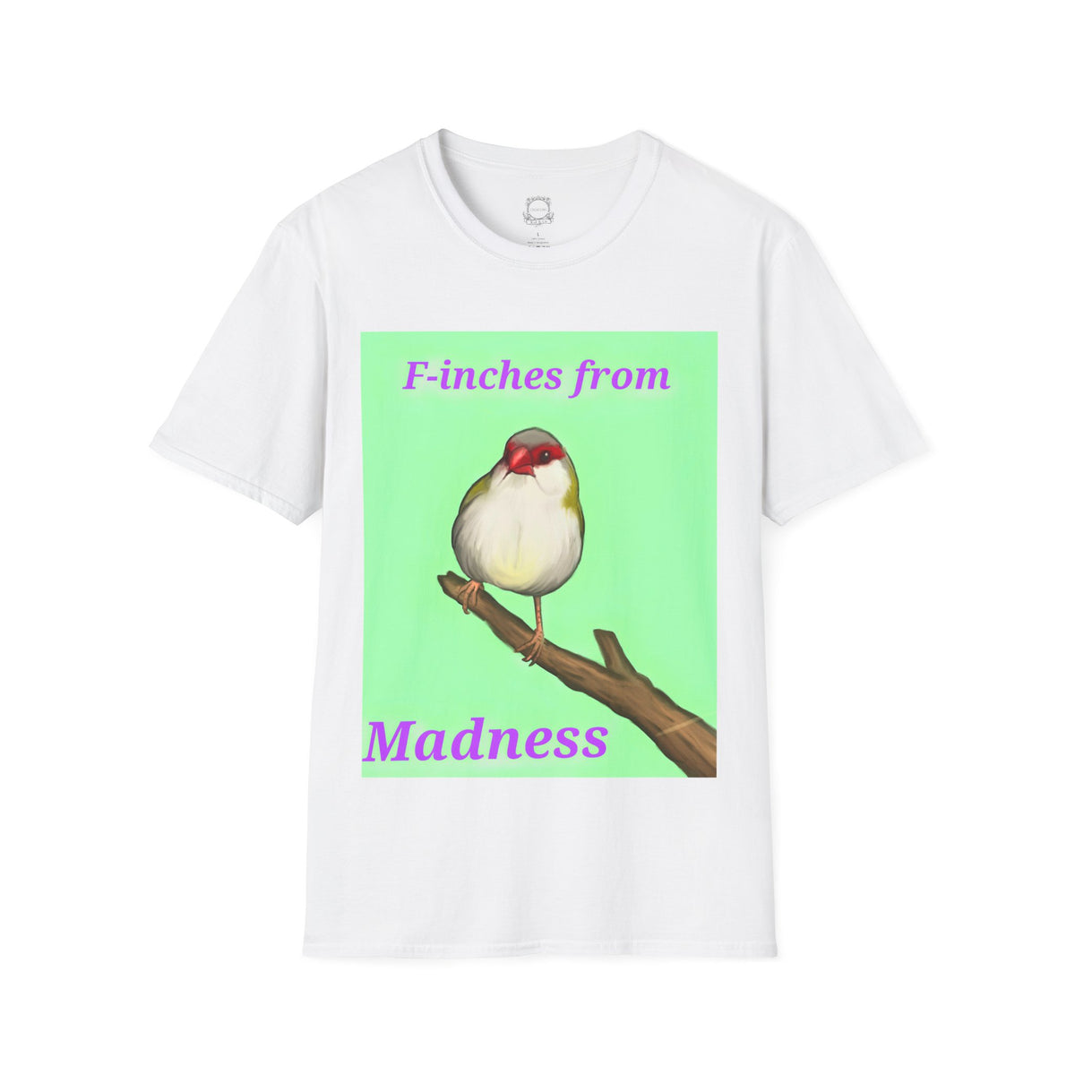 White T-shirt with red-and-white bird graphic and pink “Madness” text