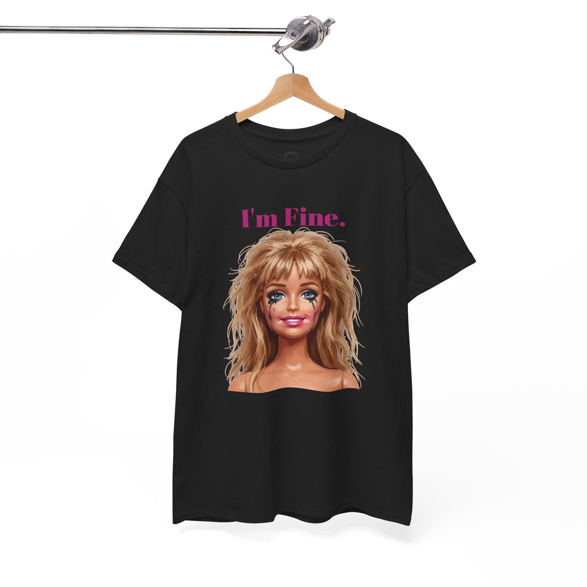 Black unisex cotton tee with 'I'm Fine.' text and doll face portrait graphic