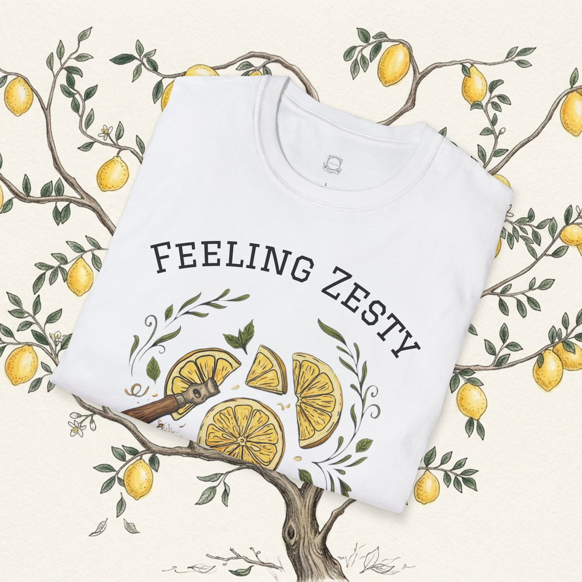 White graphic tee with lemon slice tree design and "Feeling Zesty" slogan