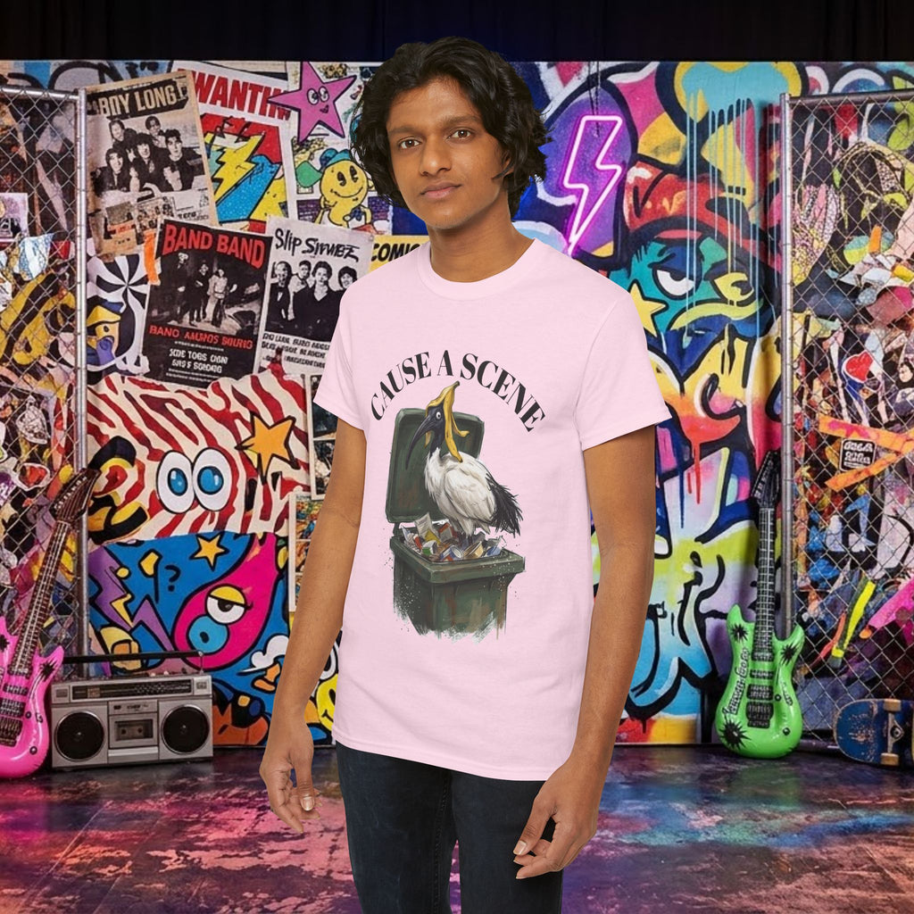 Light pink t-shirt with “CAUSE A SCENE” ibis in a trash can graphic