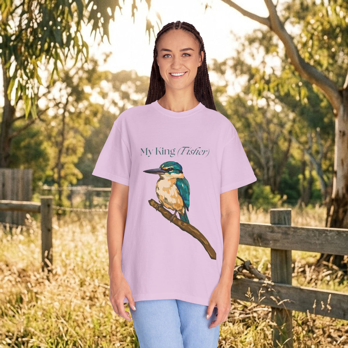 Lavender short-sleeve T-shirt with kingfisher bird graphic and slogan on front.