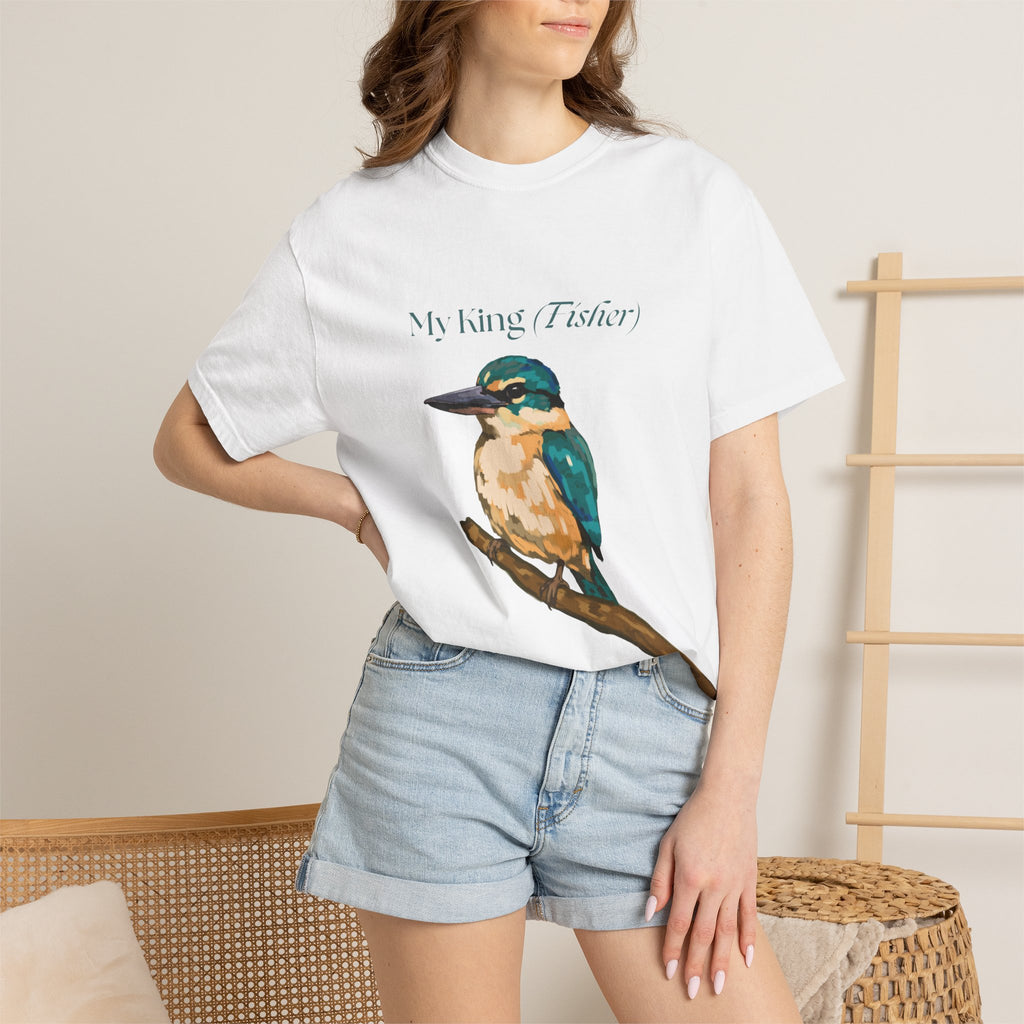 My King Fisher t-shirt print detail – kingfisher on a branch