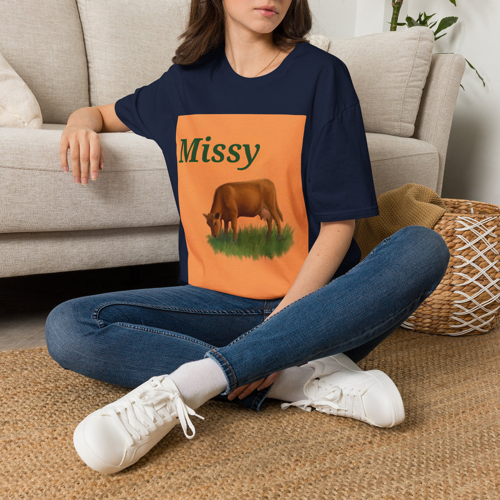 Navy cow graphic T-shirt with orange Missy square and grazing cow illustration