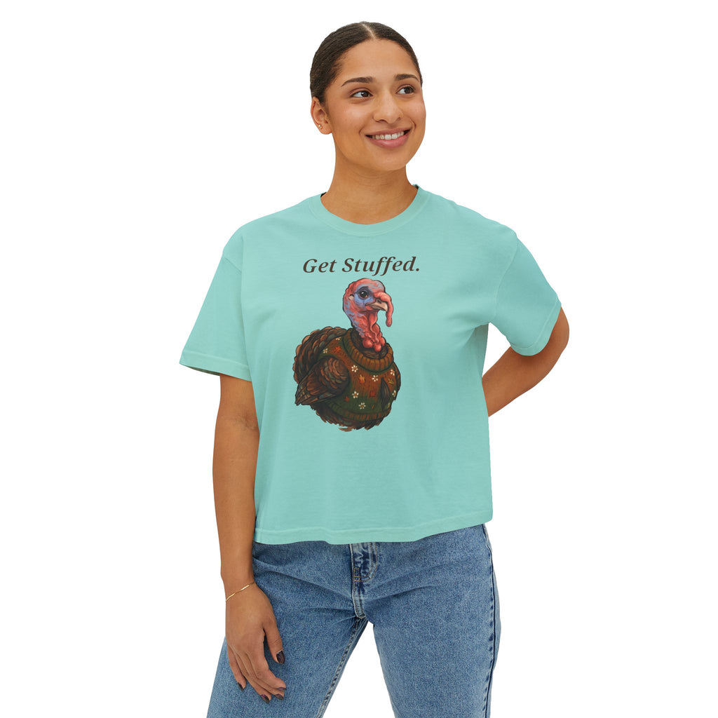 Light mint crewneck T-shirt with "Get Stuffed." turkey graphic on front.