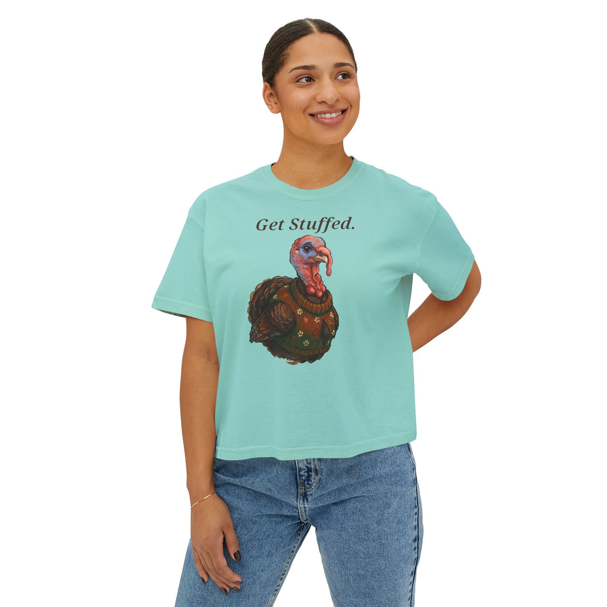 Light mint crewneck T-shirt with "Get Stuffed." turkey graphic on front.