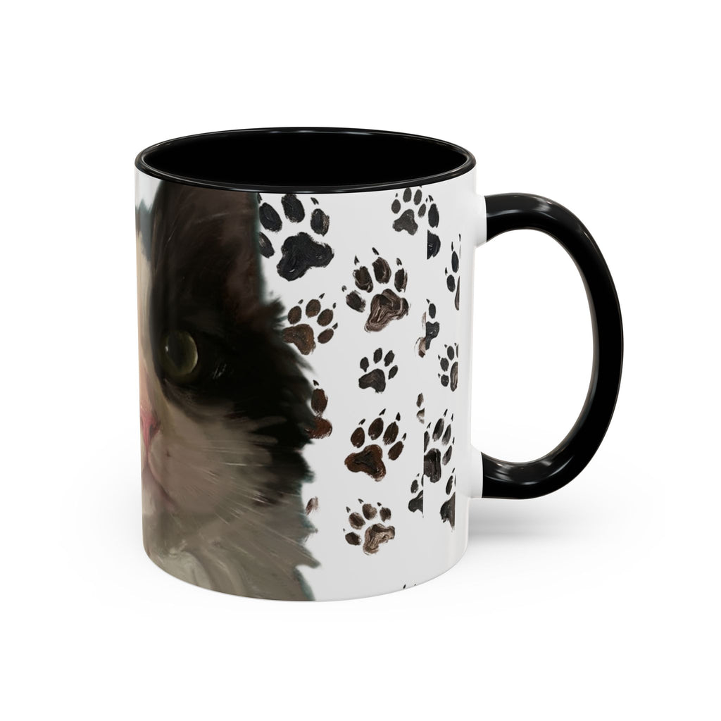 Cat face paw print accent coffee mug, white with black cat art, black handle and rim