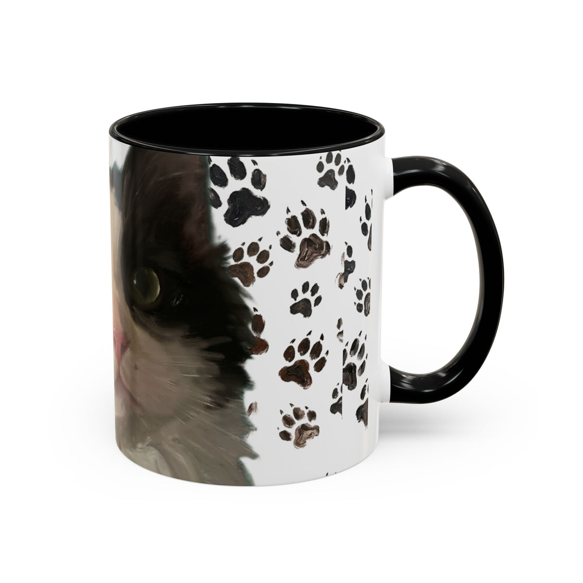 Cat face paw print accent coffee mug, white with black cat art, black handle and rim