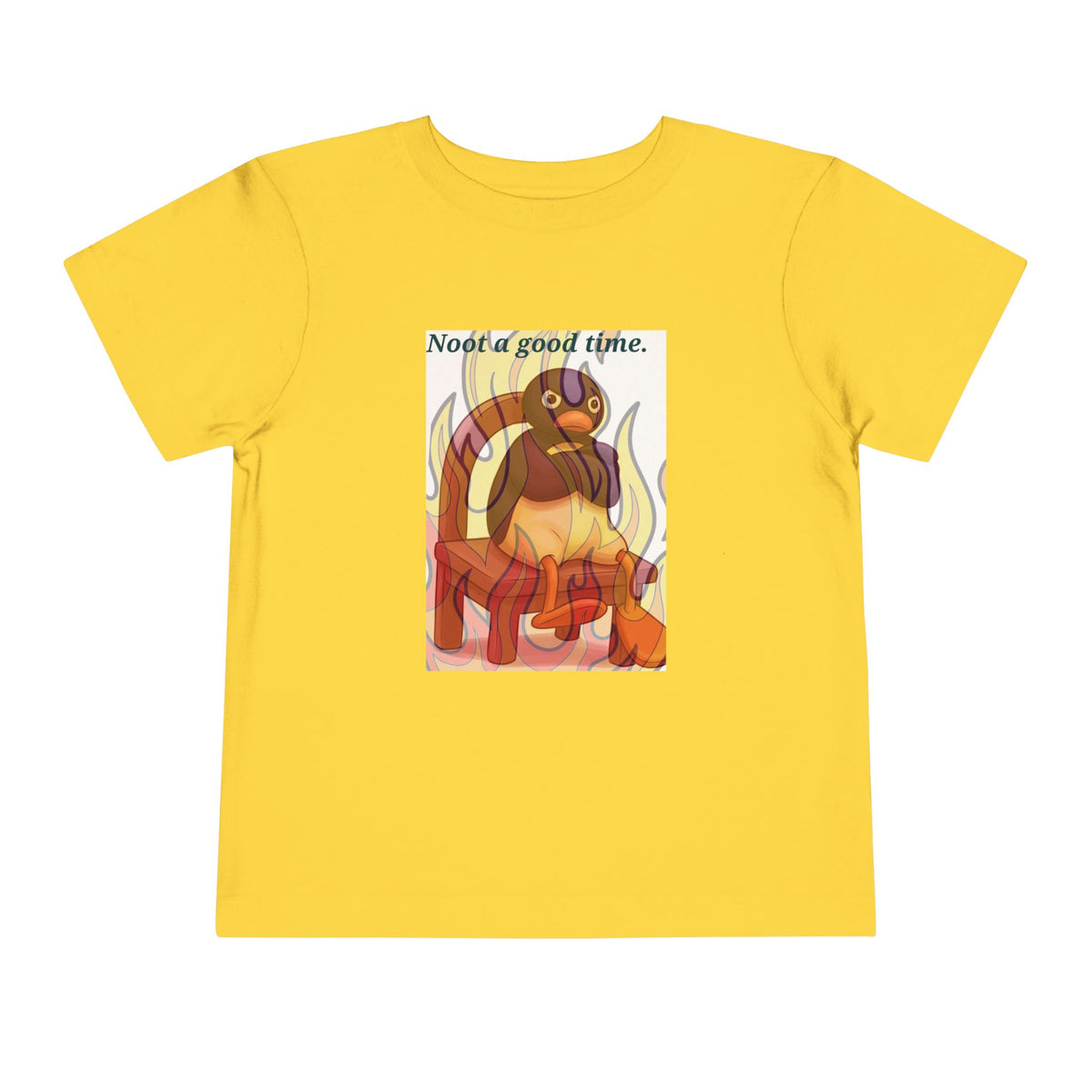 Yellow toddler graphic tee with flaming cat and "Need a good time." text