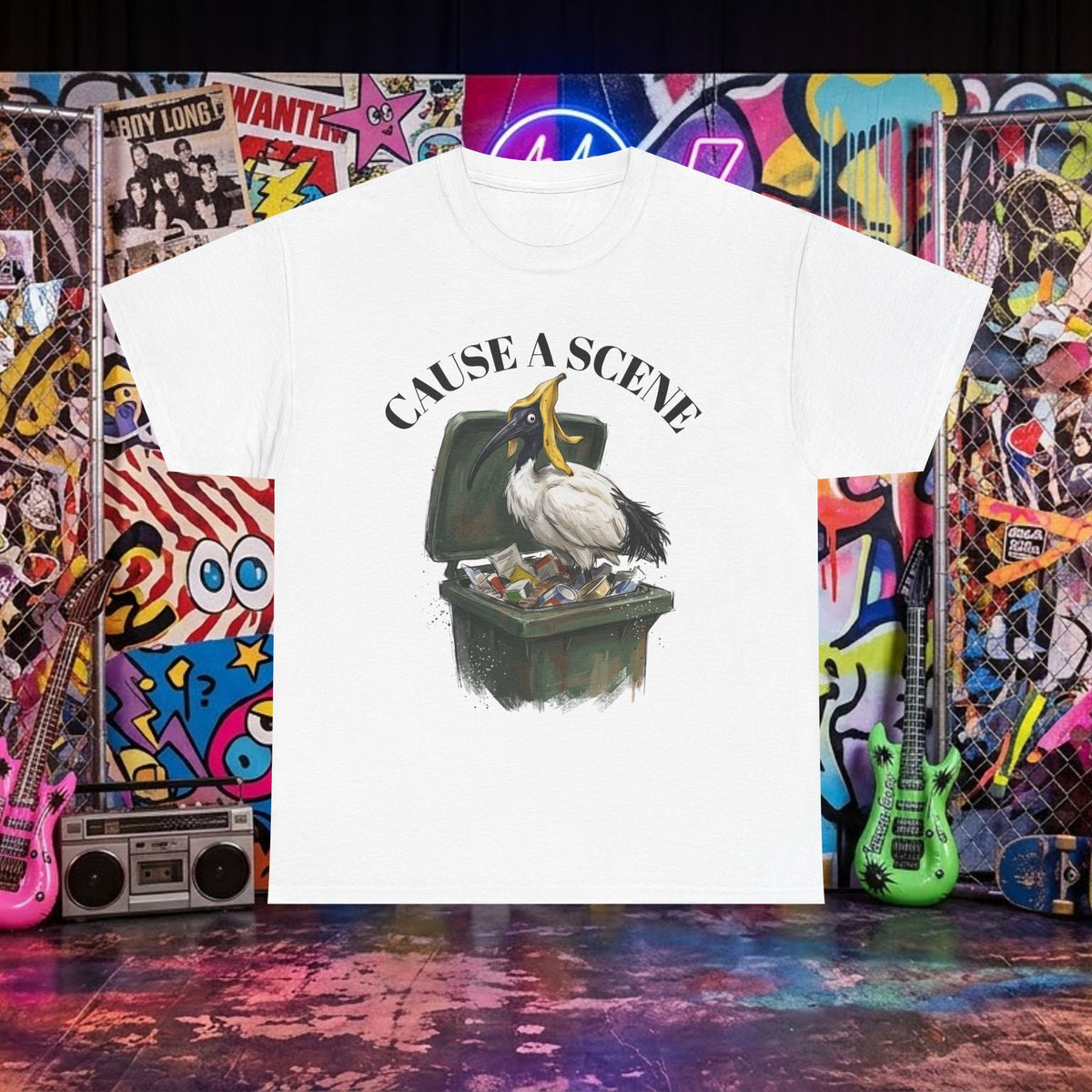 White T-shirt with ibis in a trash can graphic and "CAUSE A SCENE" text