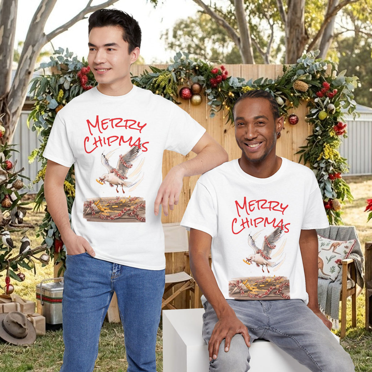 Two white Christmas graphic T-shirts with "Merry Chipmas" seagull illustration