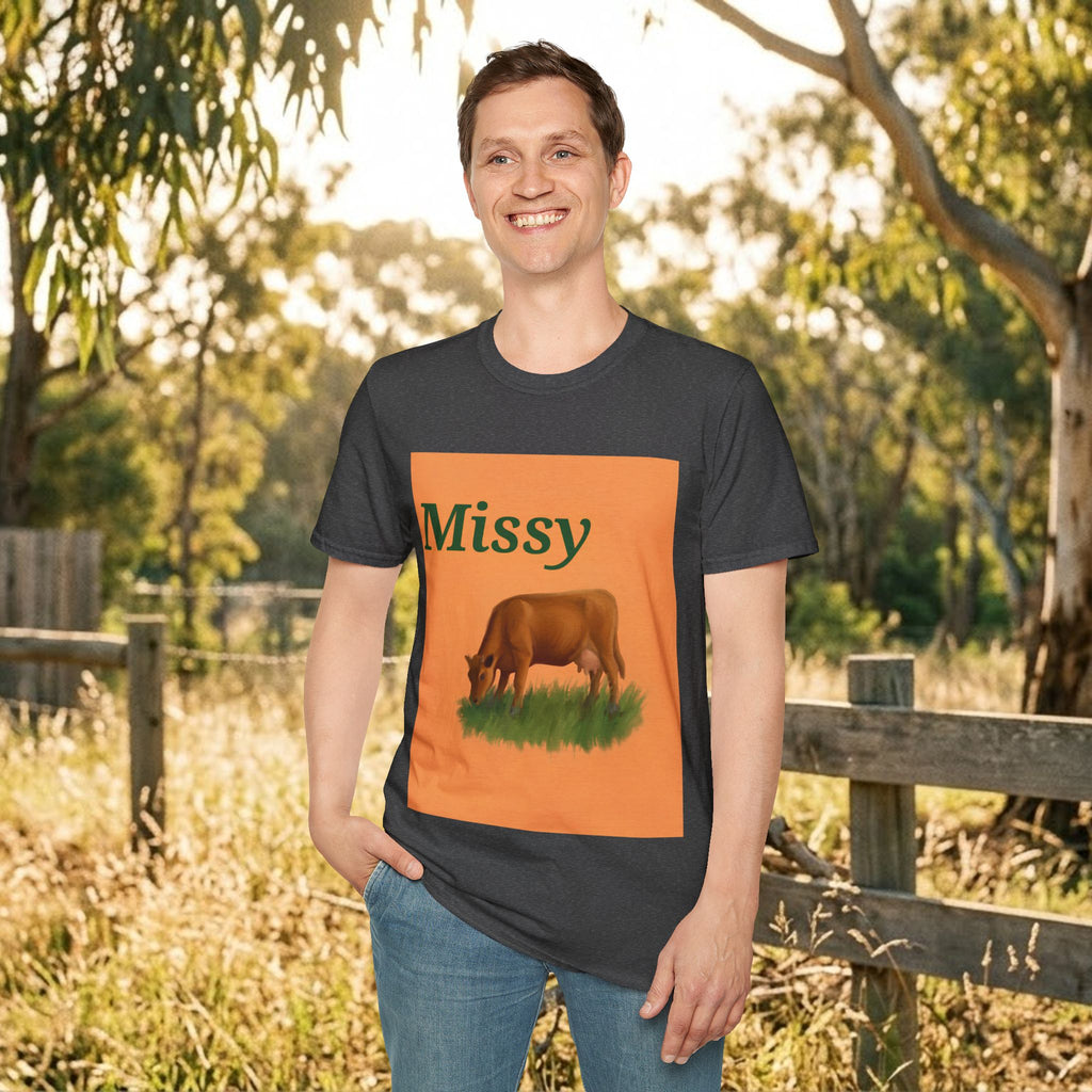 Charcoal T-shirt with orange “Missy” front print and grazing cow