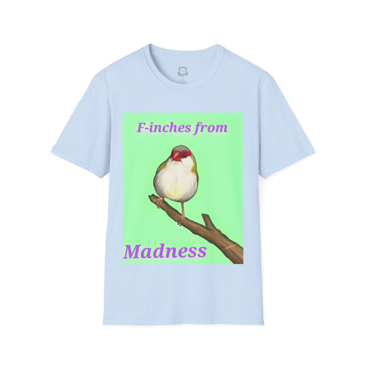 Light blue T-shirt with red-and-white bird graphic and pink “Madness” text