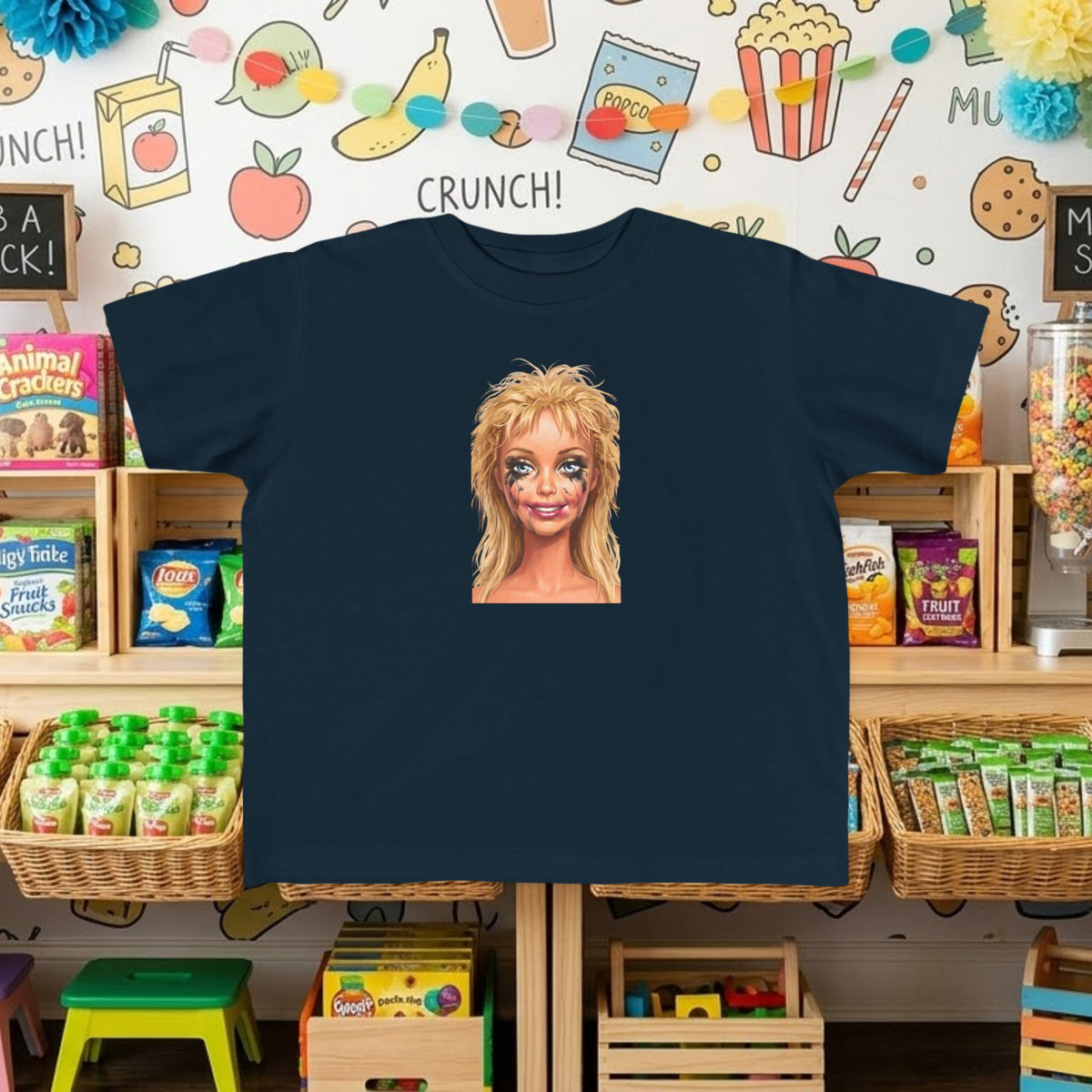 Navy toddler tee with smudged doll face graphic print on front