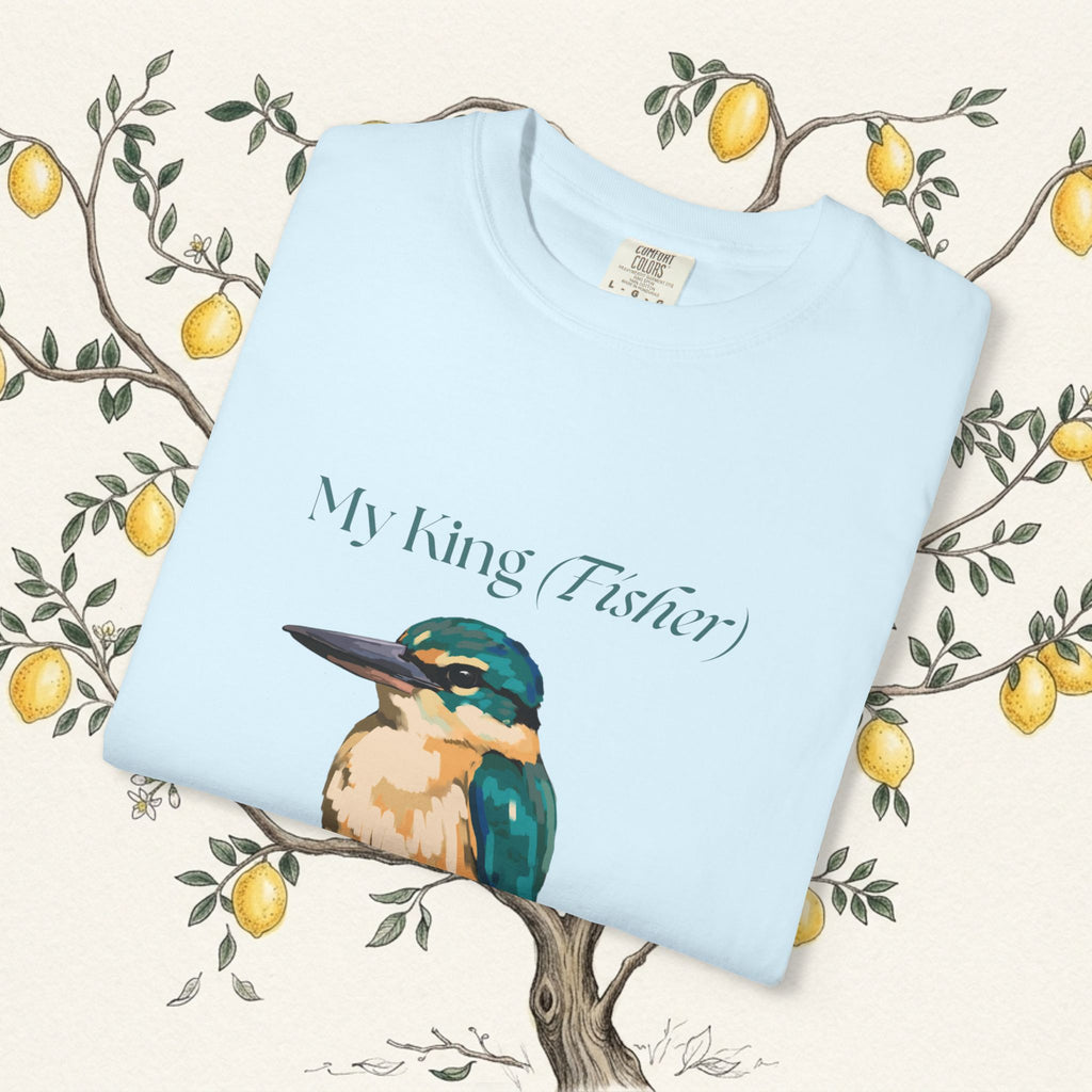 Light blue crew-neck kingfisher graphic T-shirt front view, short sleeves