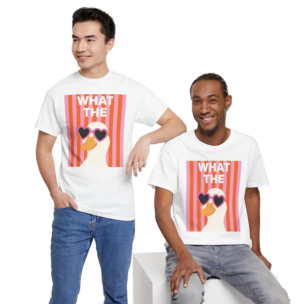Two-person view: white graphic cotton tee with retro heart sunglasses "WHAT THE"