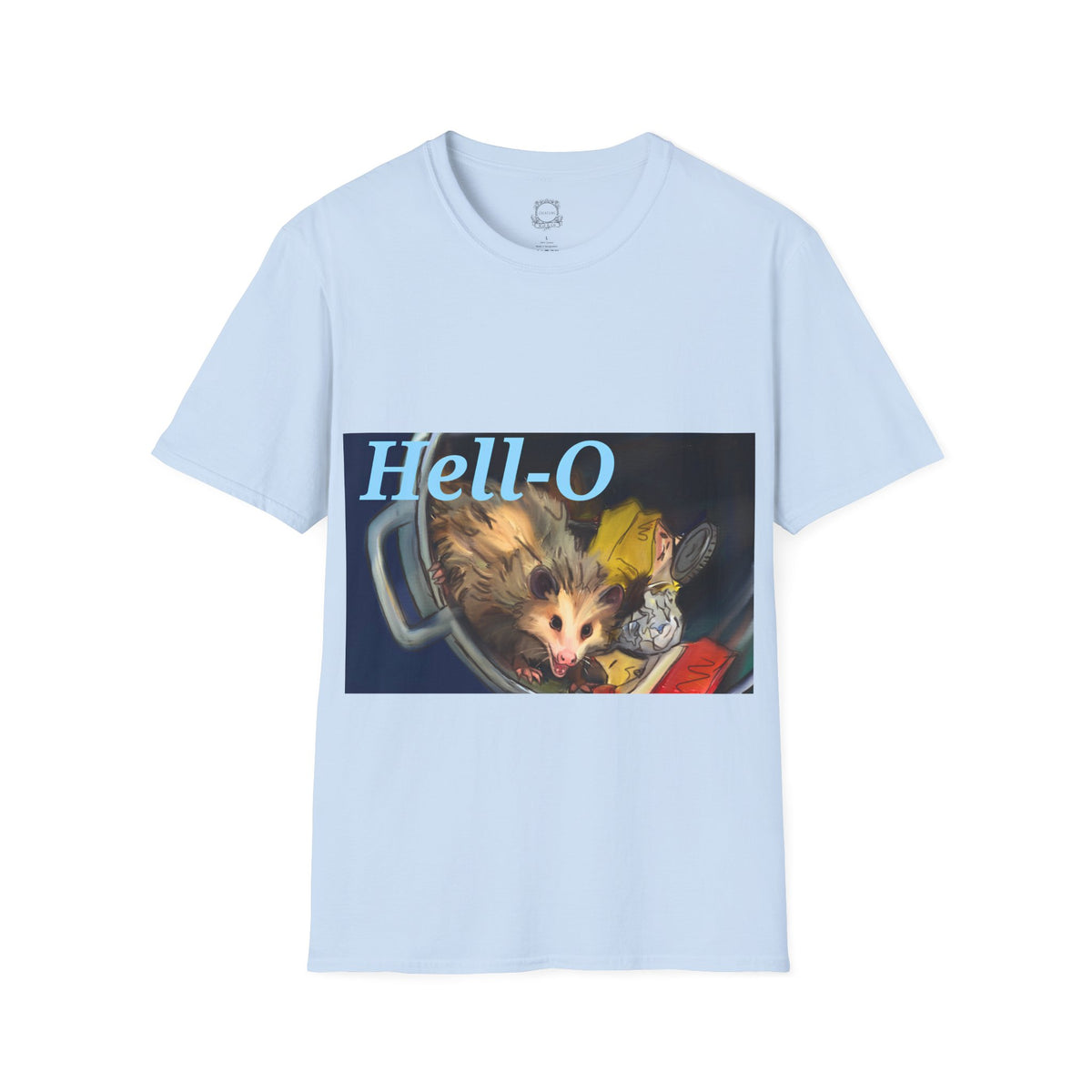 Light blue T-shirt with 'Hell-O' possum graphic on front
