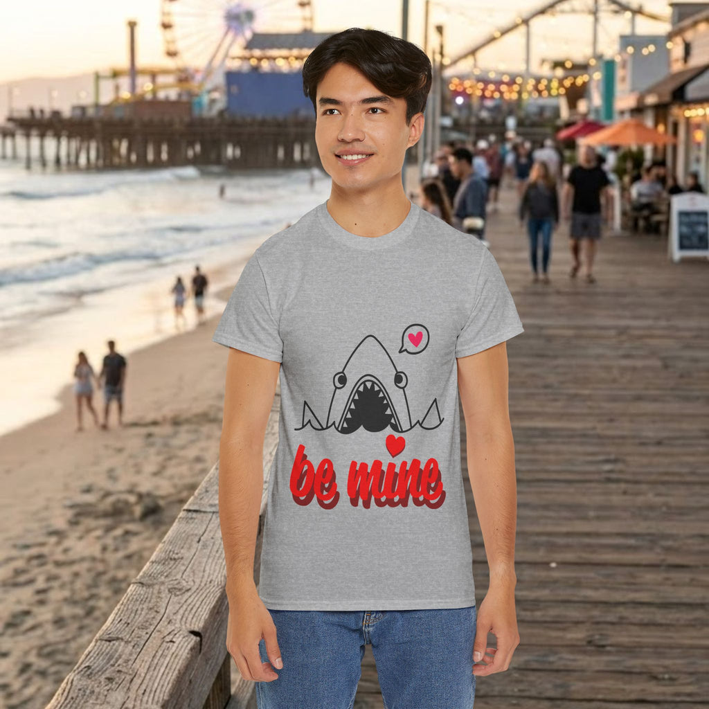 Heather gray shark graphic T-shirt with red "be mine" text and heart above