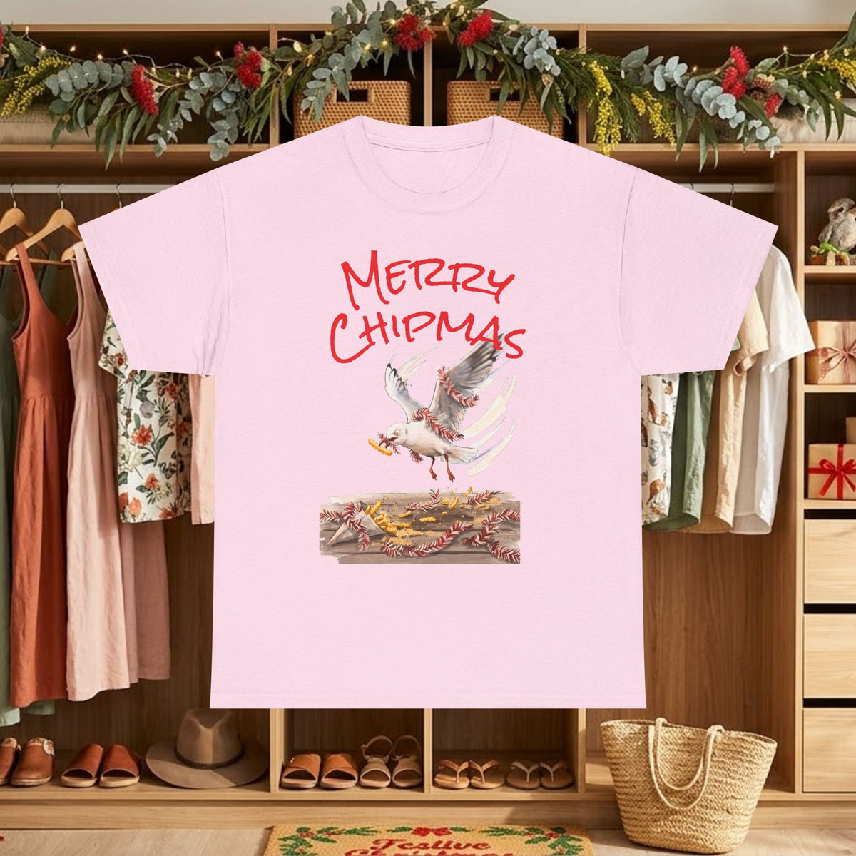 Light pink Christmas graphic T-shirt with "Merry Chipmas" seagull illustration