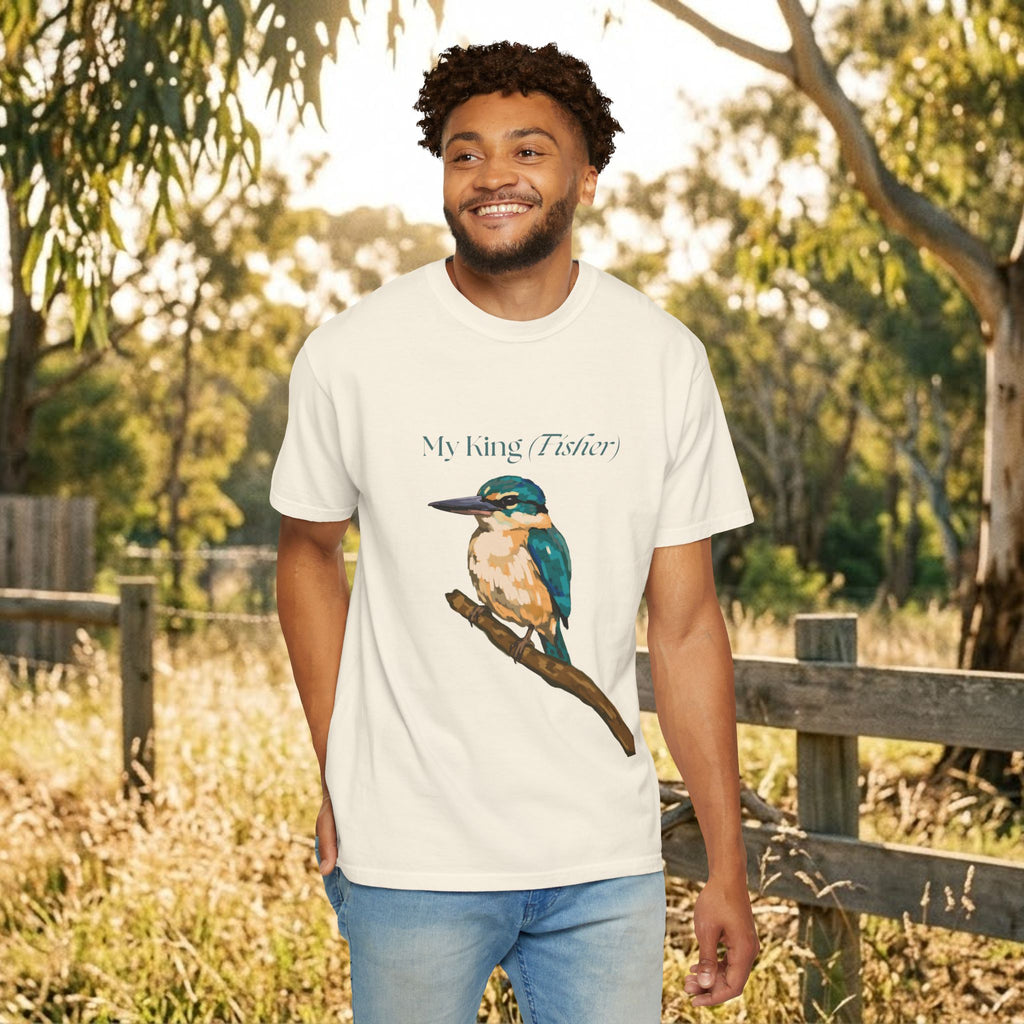 White kingfisher graphic T-shirt with front bird-and-branch illustration