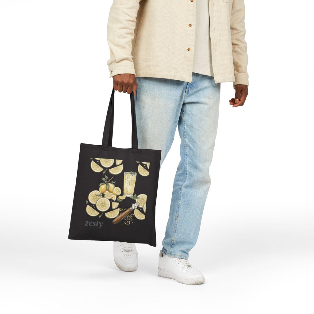 Black tote bag with lemon citrus graphic and two top handles
