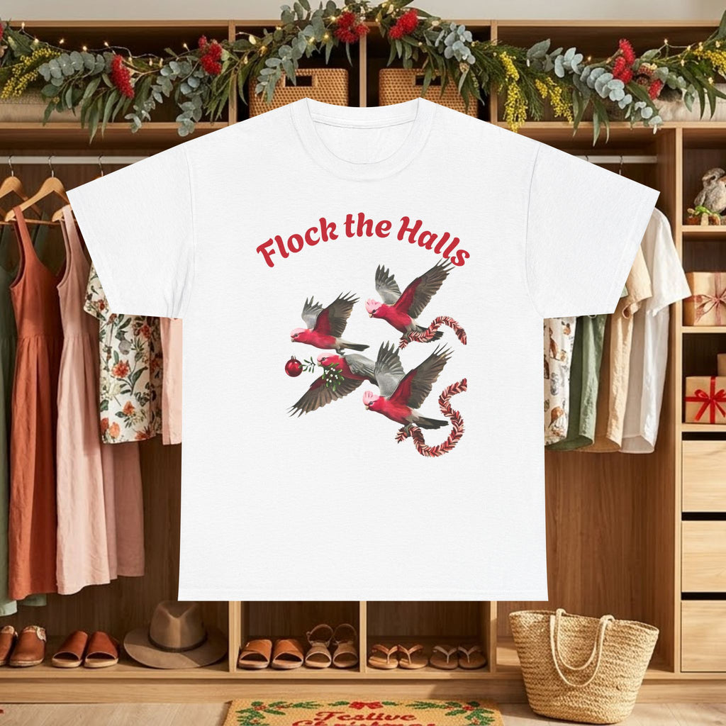 White Christmas cardinals graphic t-shirt with “Flock the Halls” text and birds