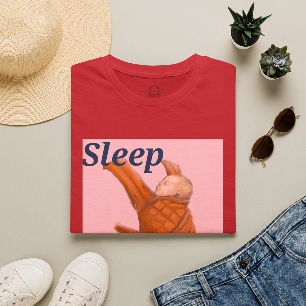 Red t-shirt with “Sleep” sleeping baby graphic