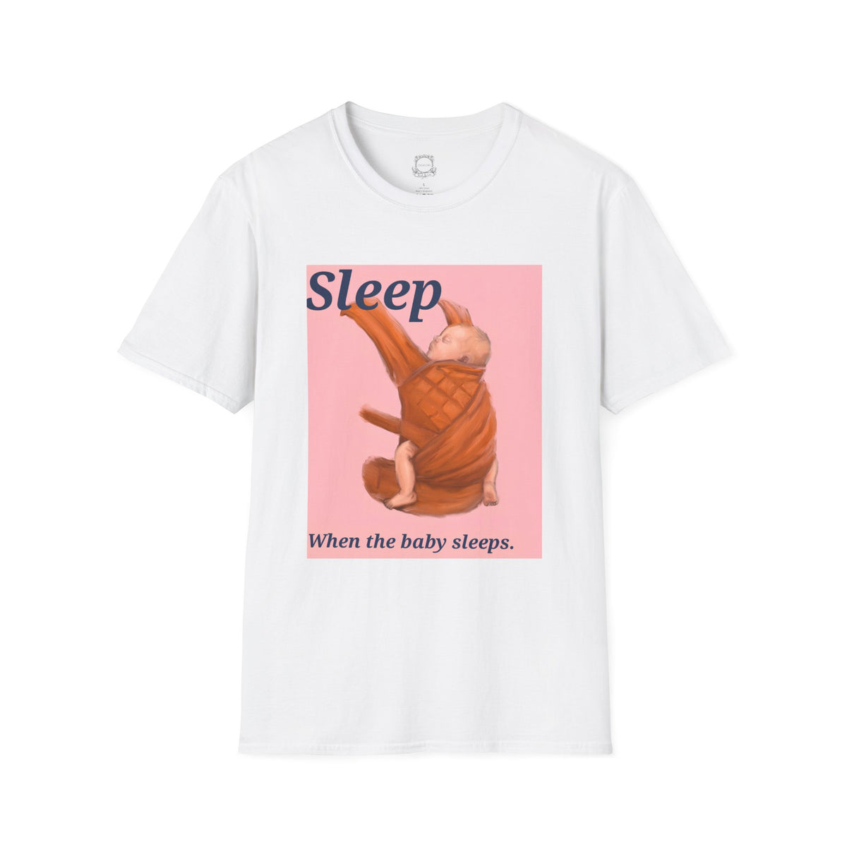 White baby graphic t-shirt with 'Sleep' sleeping infant illustration on pink panel
