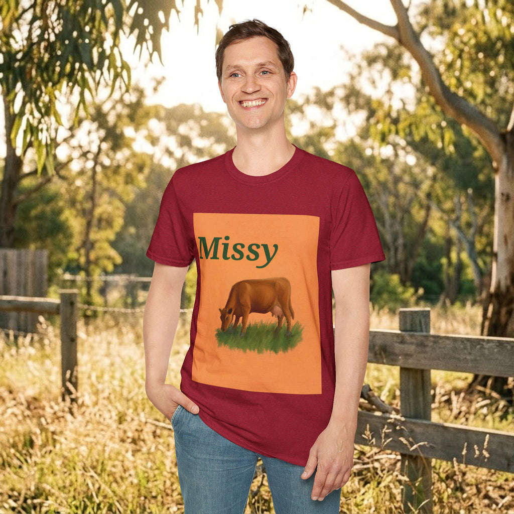 Maroon crewneck T-shirt with orange Missy graphic panel and cow illustration