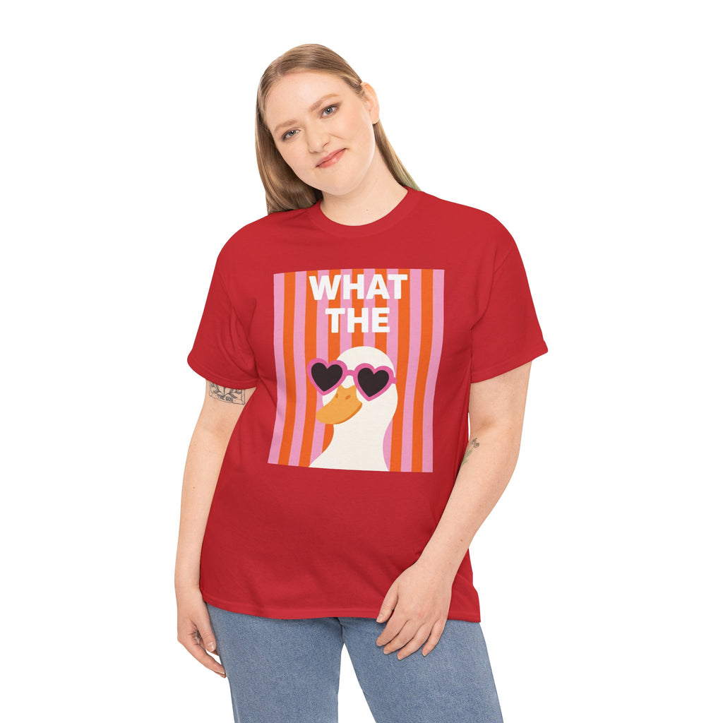 Red unisex crewneck T-shirt with “WHAT THE” heart sunglasses graphic on front