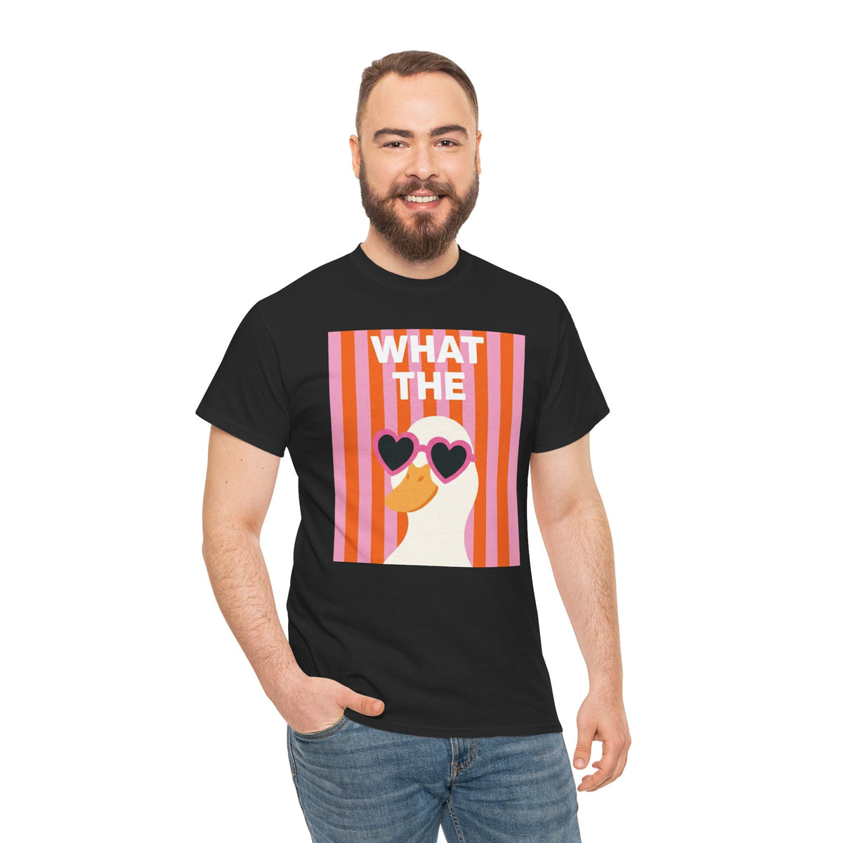 Black unisex graphic tee with centered retro heart sunglasses striped face front print