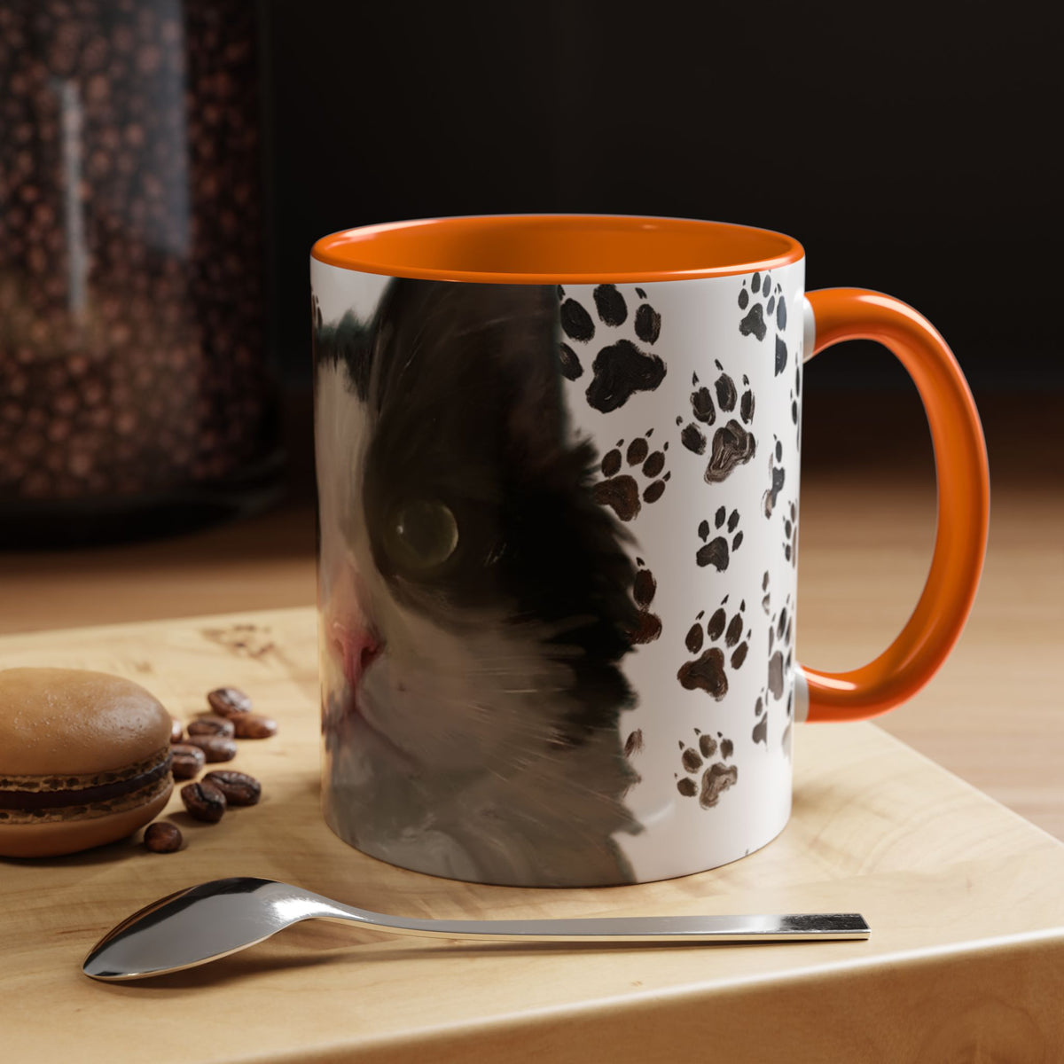 Cat face paw print accent coffee mug, white with black cat art, orange handle and rim
