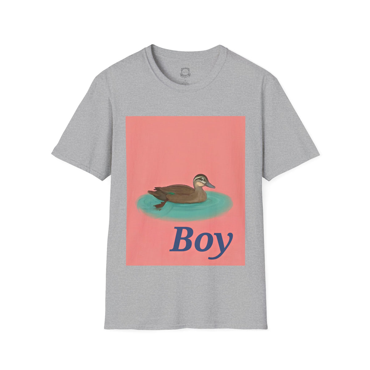 Heather gray graphic T-shirt with duck image and "Boy" text on front