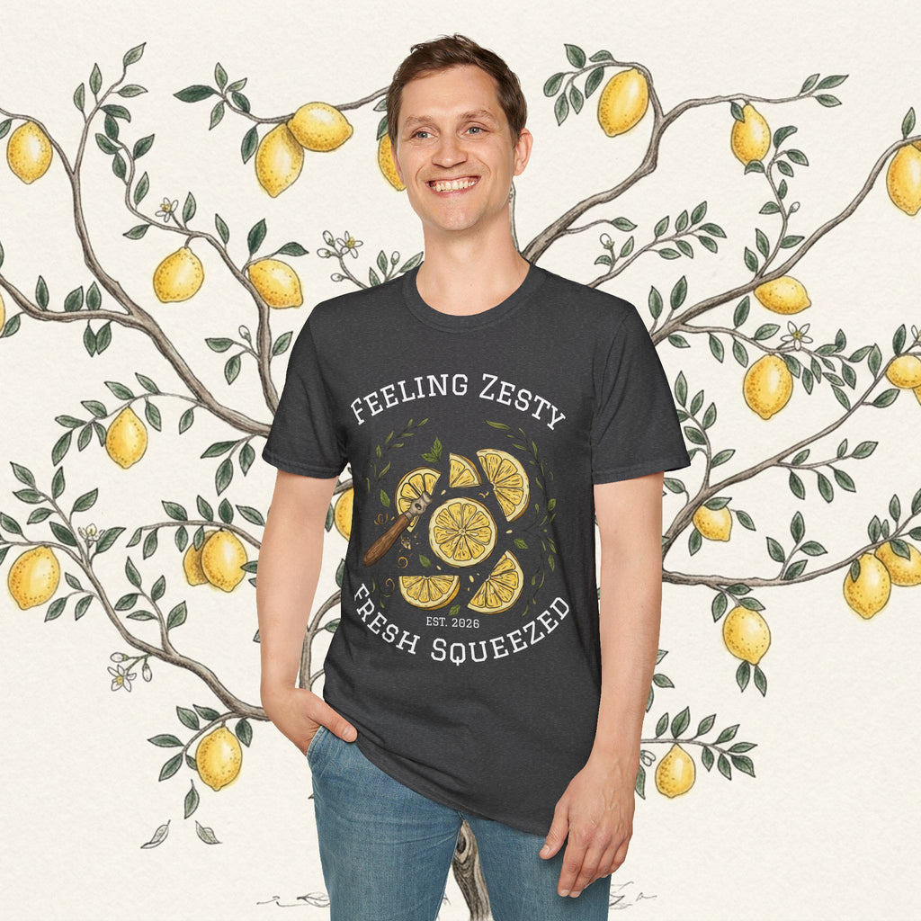 Black graphic tee with lemon slice front print and 'Feeling Zesty' text