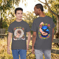 Charcoal grey short-sleeve t-shirt with moon cat tarot hands graphic on front and back