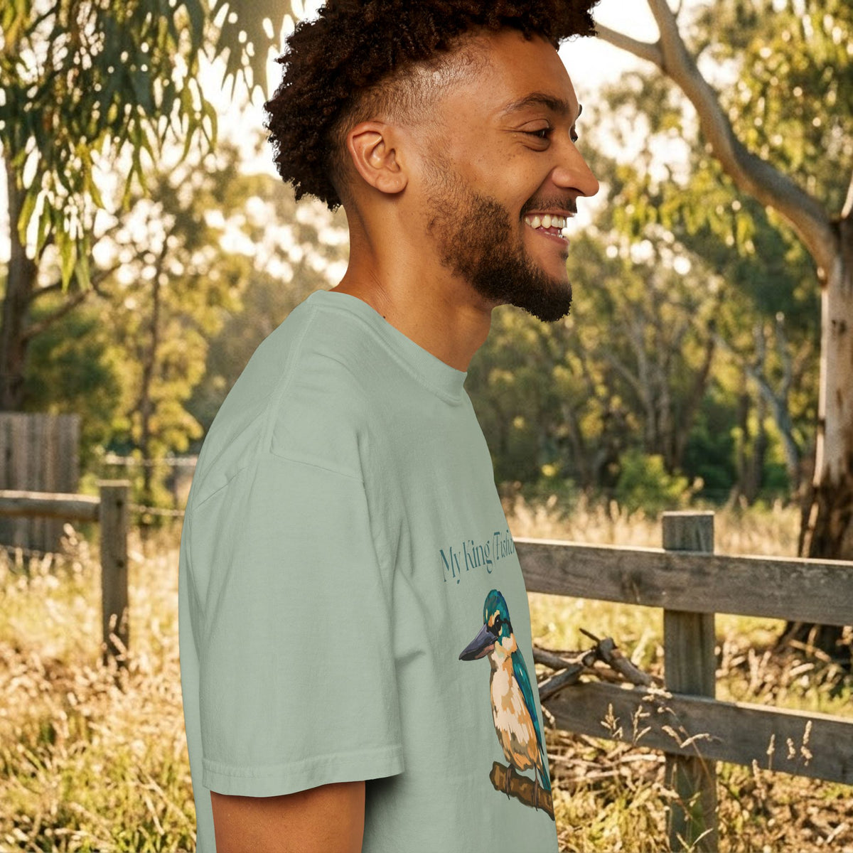 Seafoam green kingfisher graphic T-shirt side view, crew neck short sleeves