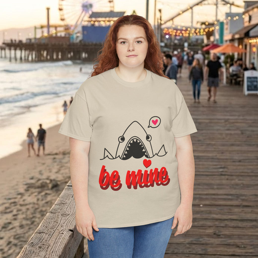 Natural T-shirt with shark graphic, small hearts, and red “be mine” slogan