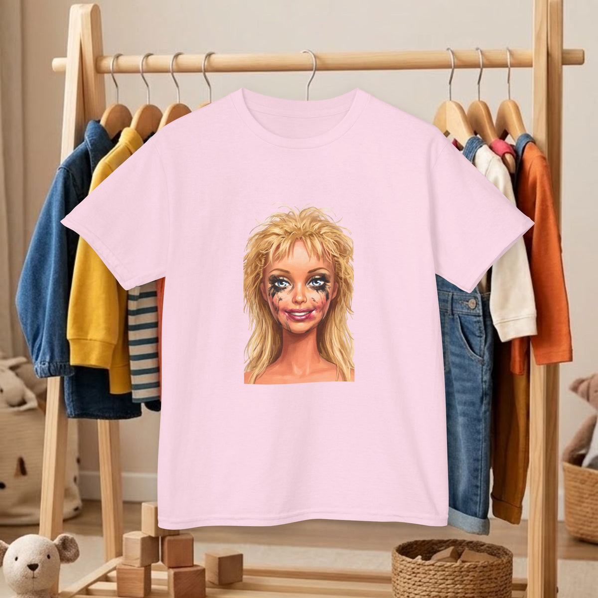 Light pink kids T-shirt with blonde doll face portrait print on chest