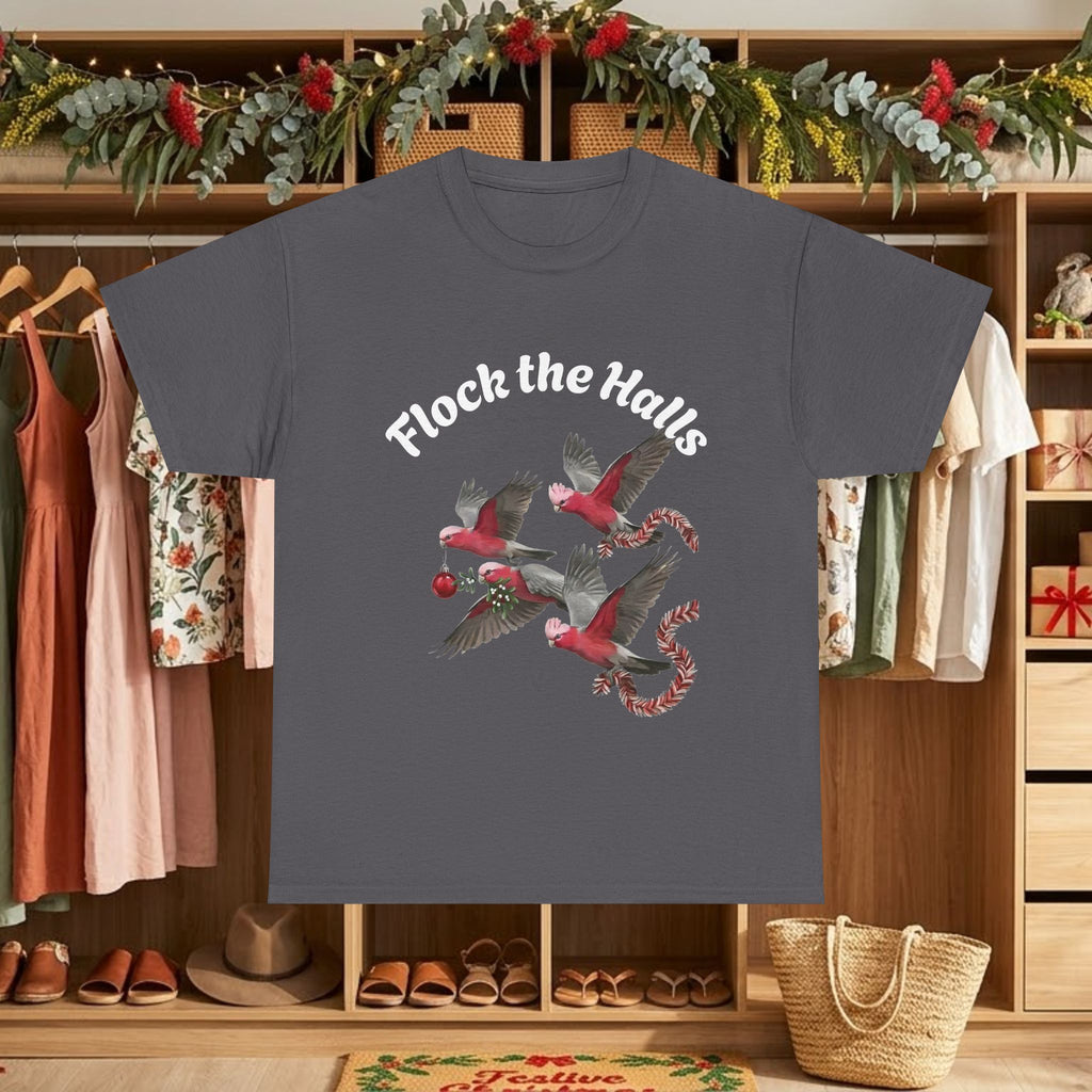 Sport grey Christmas cardinals graphic t-shirt with “Flock the Halls” text and birds
