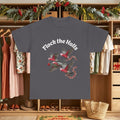 Sport grey Christmas cardinals graphic t-shirt with “Flock the Halls” text and birds