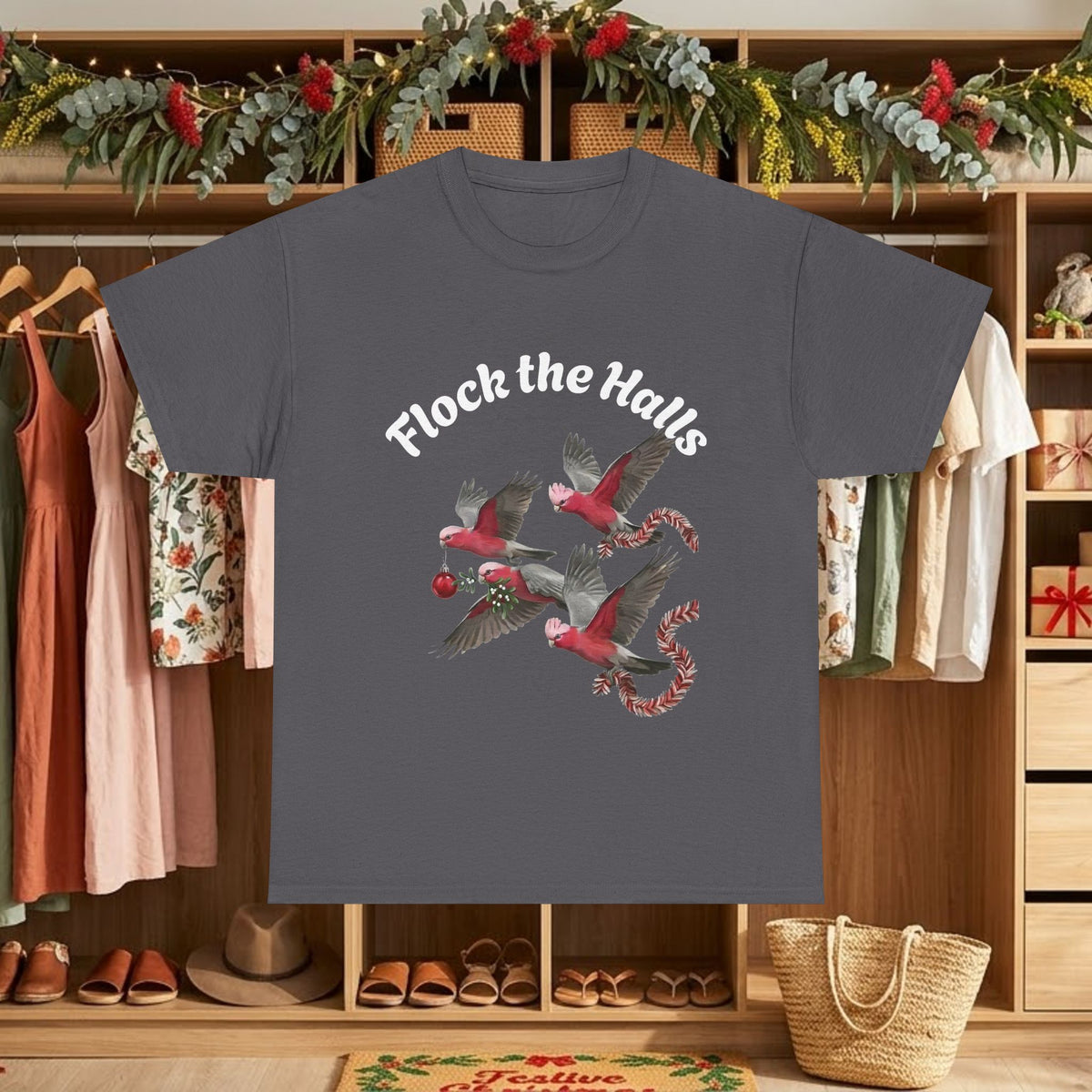 Sport grey Christmas cardinals graphic t-shirt with “Flock the Halls” text and birds