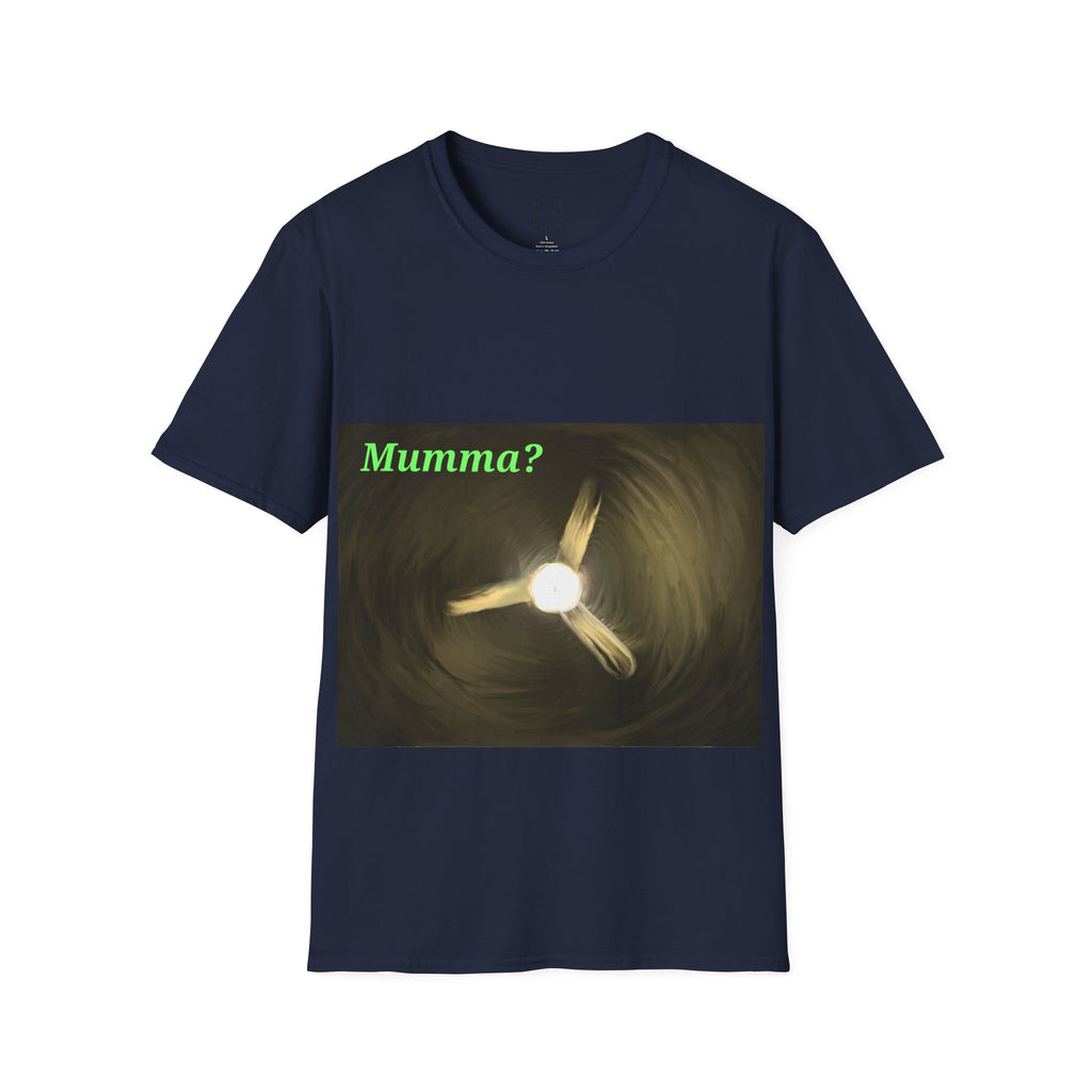 Navy ceiling fan graphic T-shirt with green "Mumma?" text and glowing fan image