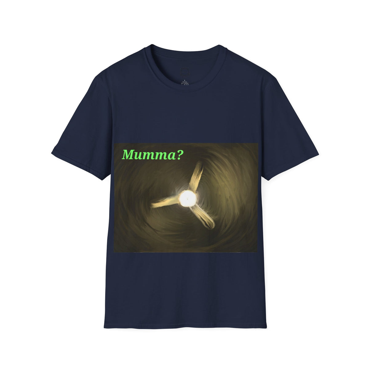 Navy ceiling fan graphic T-shirt with green "Mumma?" text and glowing fan image