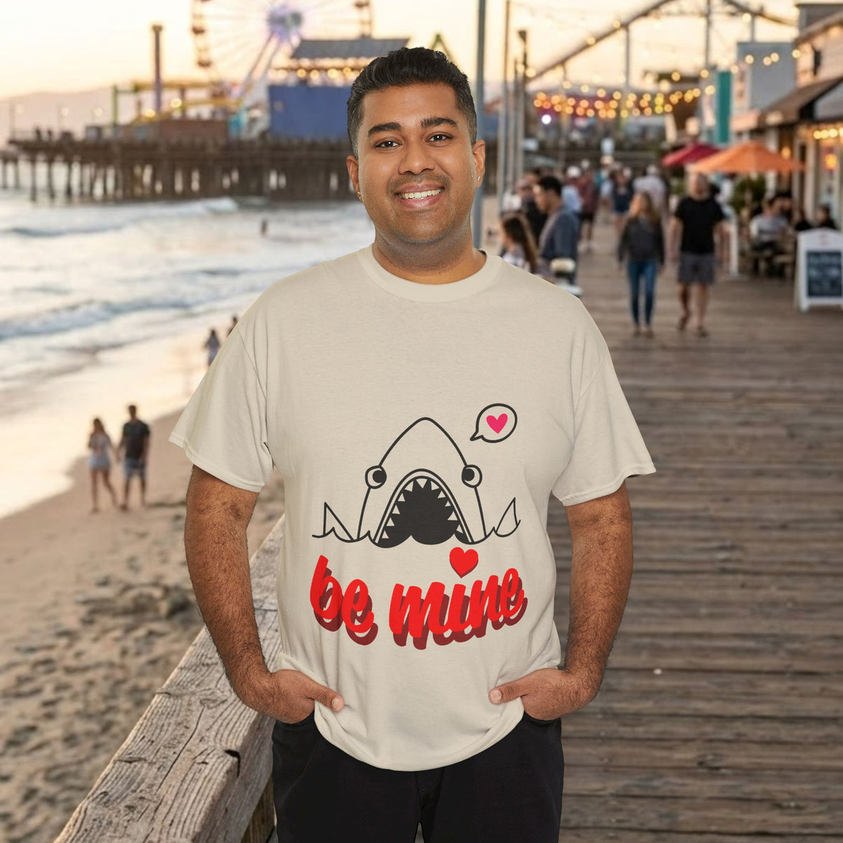 Natural T-shirt with central shark graphic, heart icons, and red “be mine” text