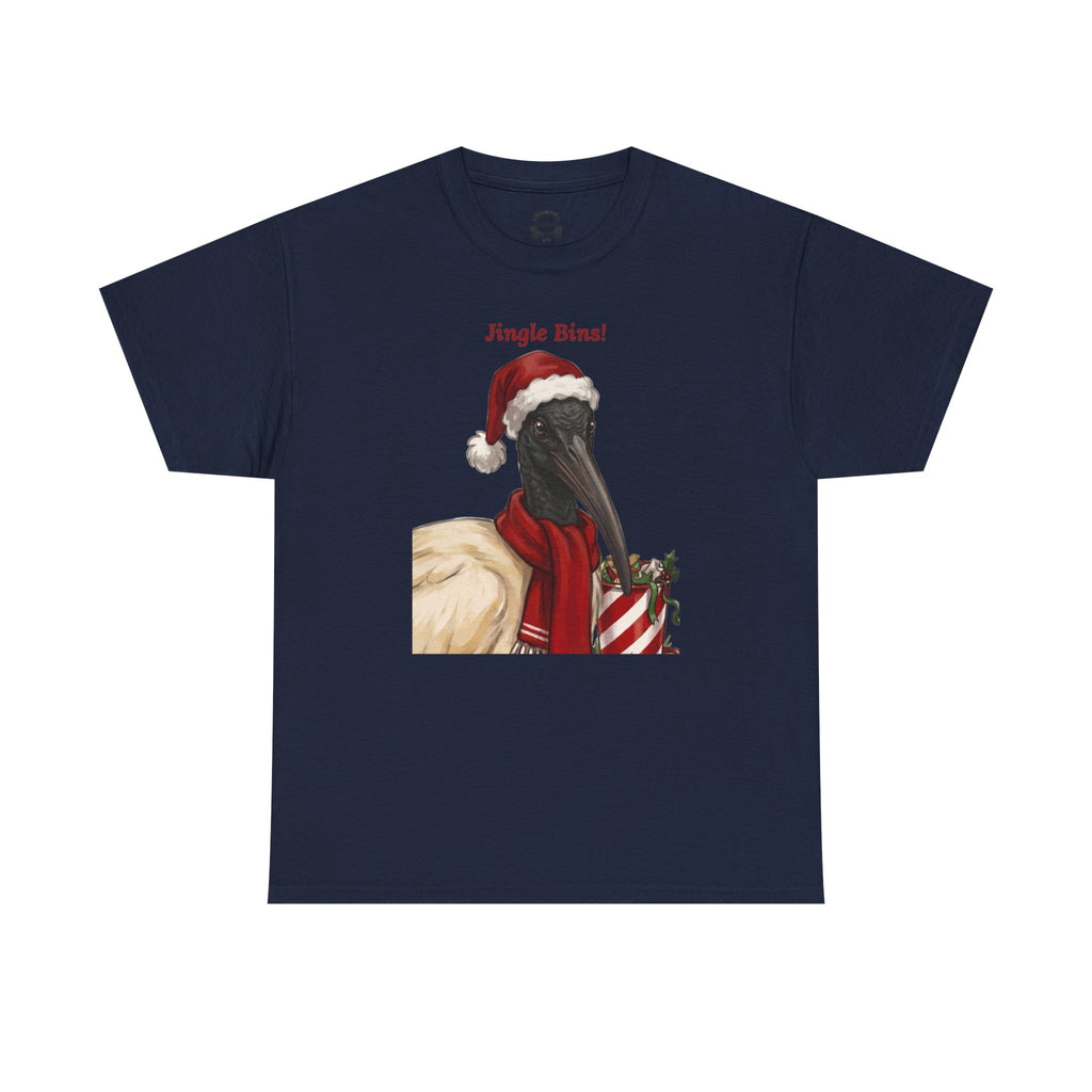 Navy crewneck t-shirt with centered “Jingle Bins!” Santa bird artwork