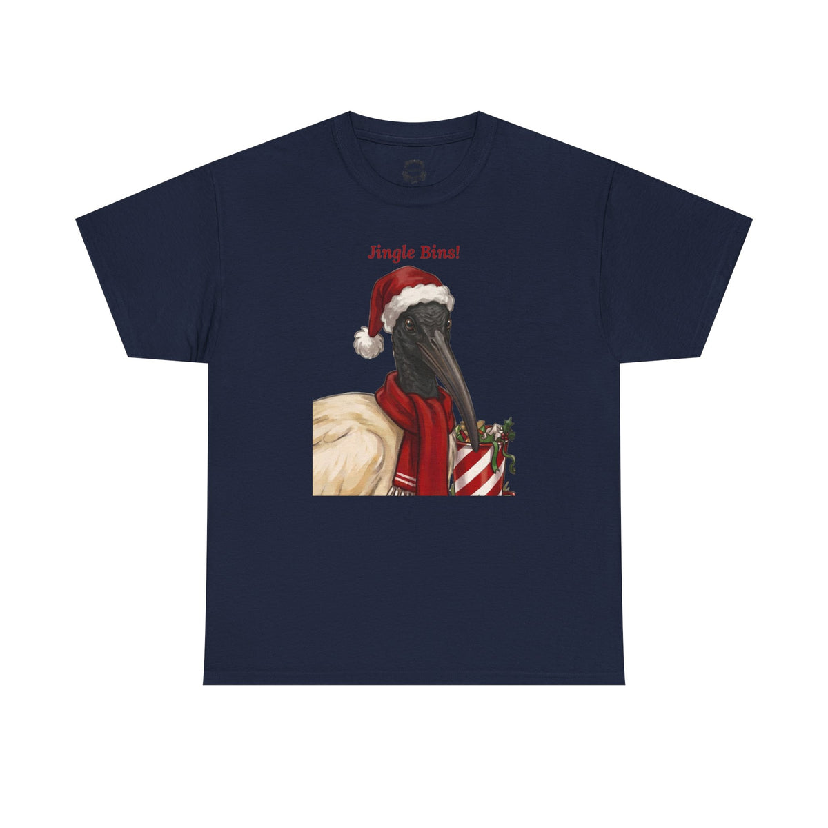 Navy crewneck t-shirt with centered “Jingle Bins!” Santa bird artwork