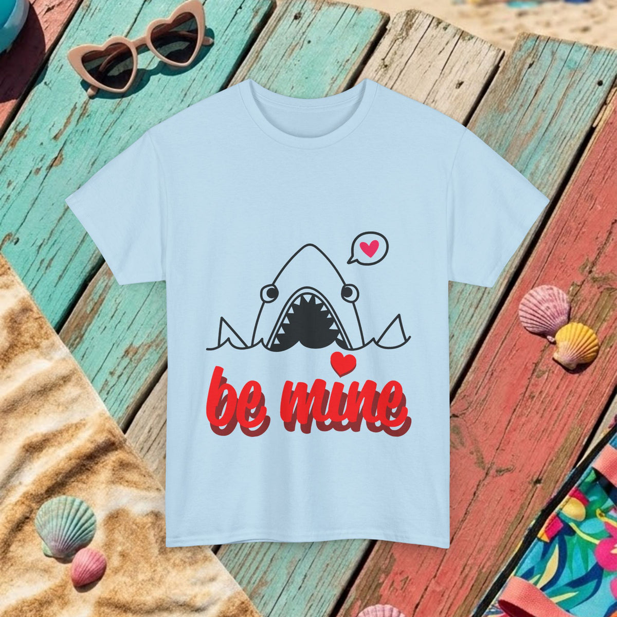 Light blue kids crewneck t-shirt with shark illustration and red “be mine” text